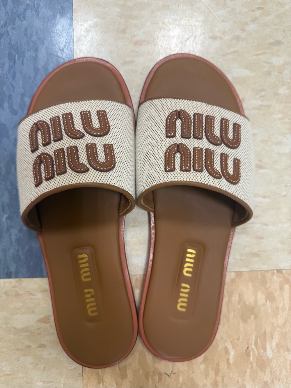 Miu Miu Tan & Cream Logo Slide Sandals